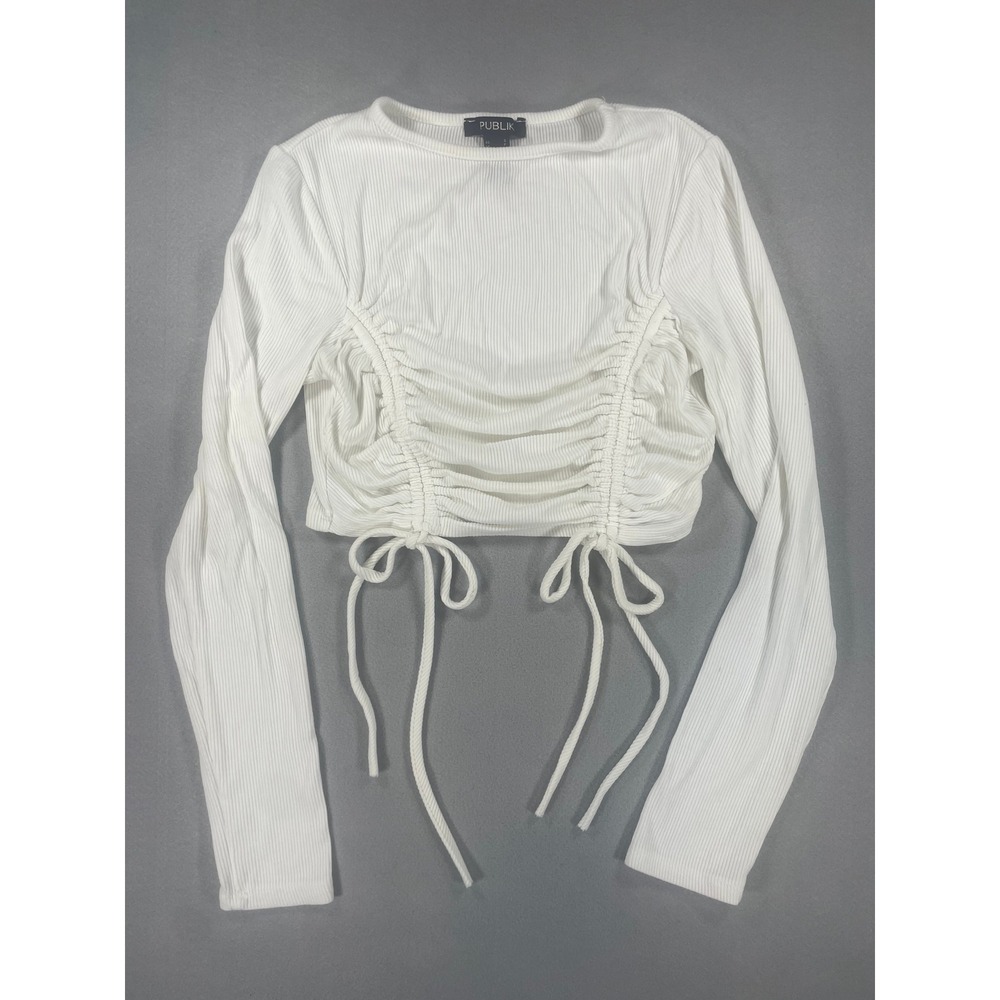 Publik White Ribbed Ruched Long‎ Sleeve Crop Top Sz Sm